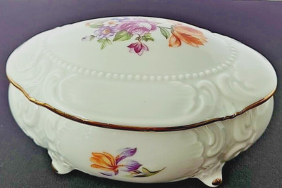 German Porcelain Trinket  Box Crown GDR 1877 Vintage Floral Gold accent 1951-74