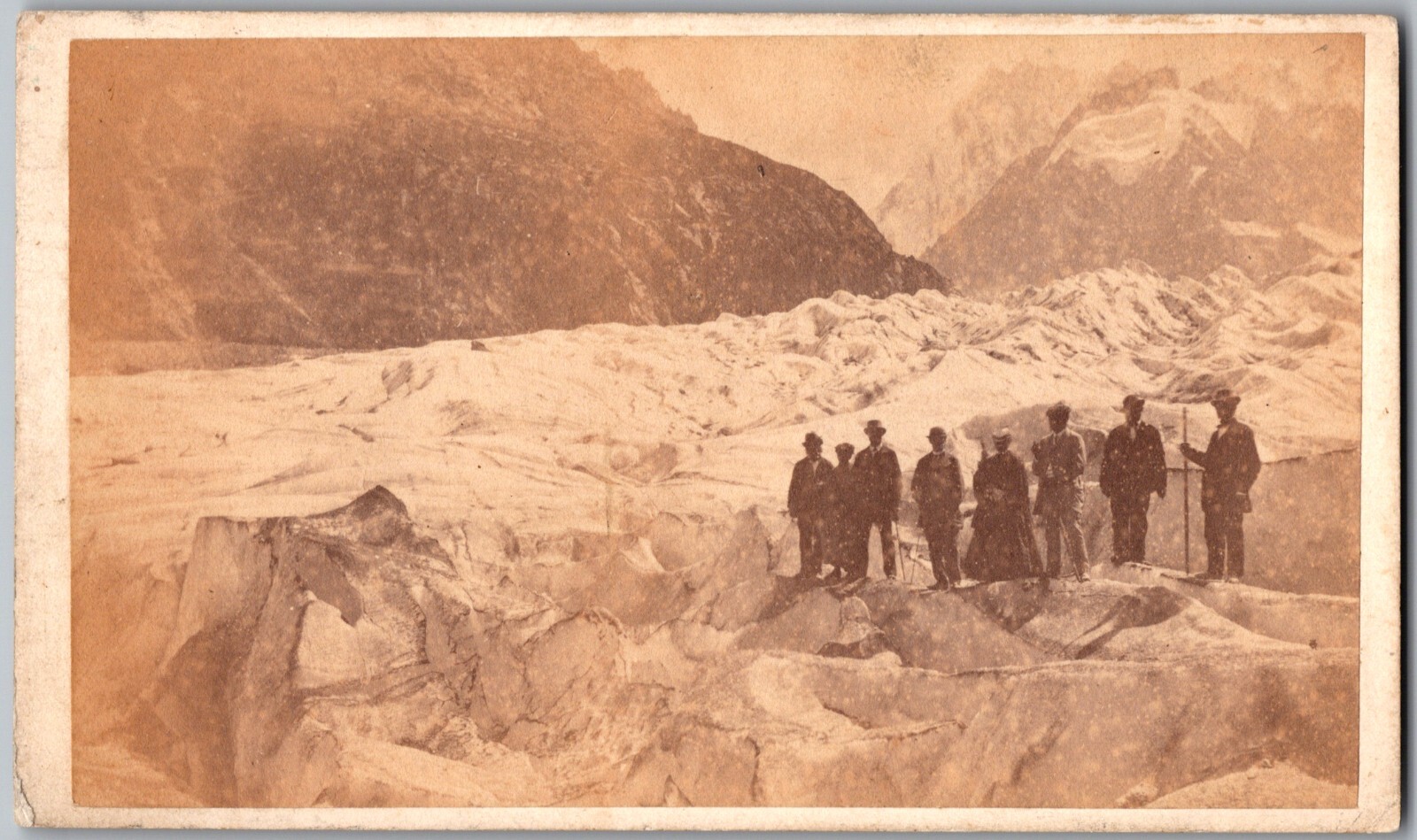 CDV c1860s EARLY ALPINE EXPLORERS CROSSING MER DE GLACE GLACIER CHAMONIX FRANCE