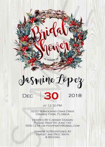 Shower Invitations, Holiday Invitation, Wreath Invitation - printed or digital - Picture 2 of 3