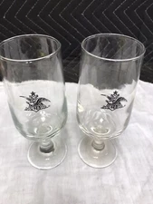 Vtg Pair Anheuser Busch Beer Glasses Stemmed Goblet Black Eagle A Logo Budweiser