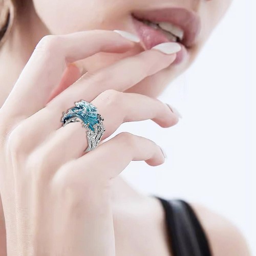 Ocean's Oath Jewelry Set, Boho Blue Ocean Wave Necklace Earring Rings Hot - Picture 7 of 16