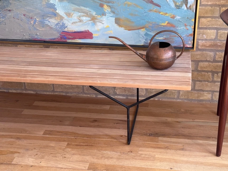 1960 Knoll Bertoia Oak Wood Iron Steel Slat Bench Coffee Table Vtg Mcm - Image 4 of 4