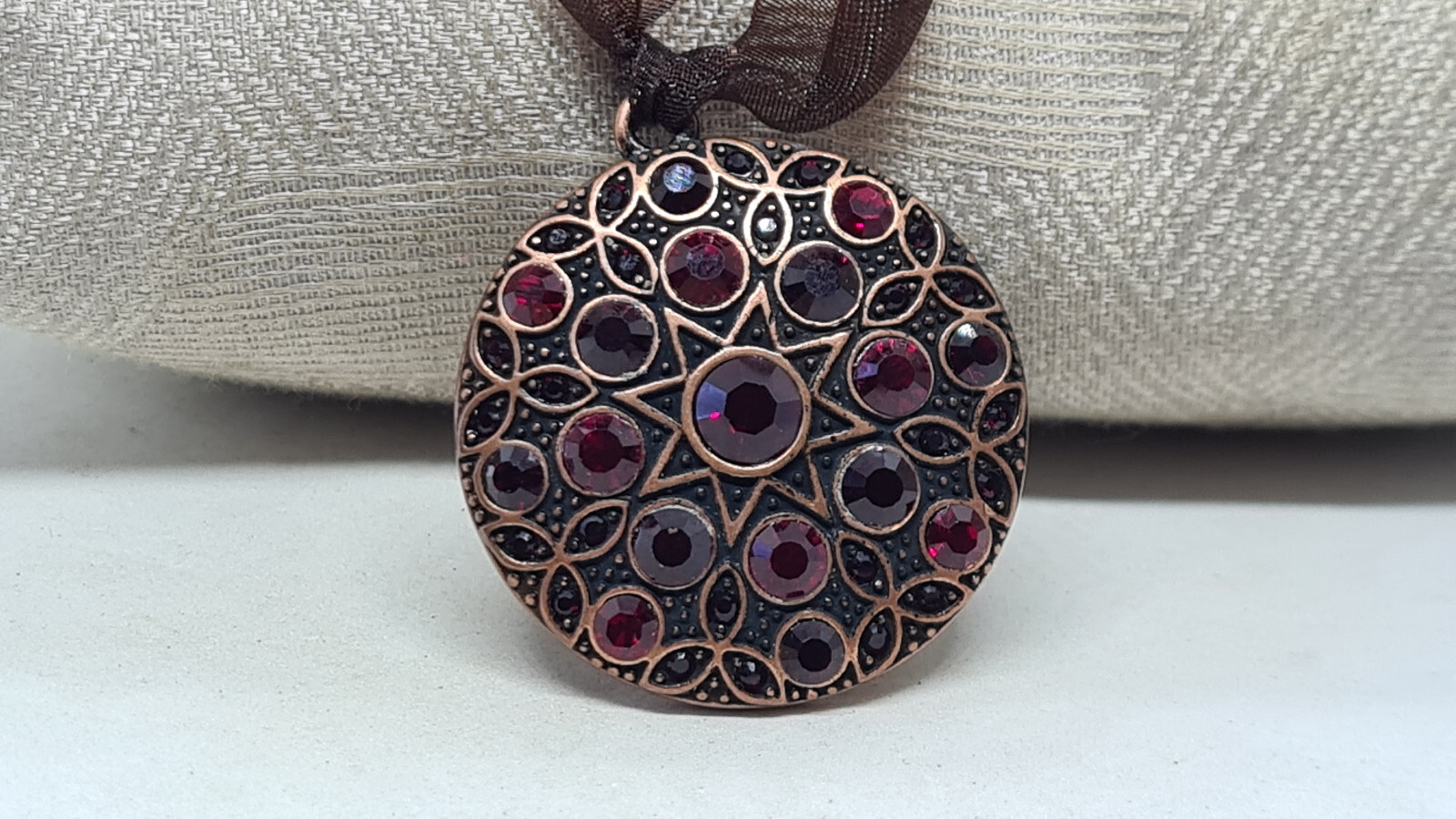 Vintage Garnet Rhinestone Solid Copper Pendant on… - image 1