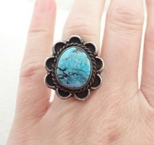 Vintage Navajo Spiderweb Turquoise 1" Sterling Silver Ring Sz 5.75