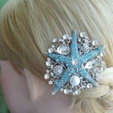 Bridal Wedding 3.15" Blue Clear Rhinestone Crystal Starfish Hair Comb 06412C2