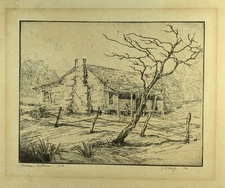 Texas Autumn Etching signed J D Walfs 1940  5/15 ed 8x6 inches