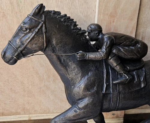 Antique Austin Sanfilippo Bronze Sculpture Race Horse Jockey Statue Wooden Base - Picture 2 of 14