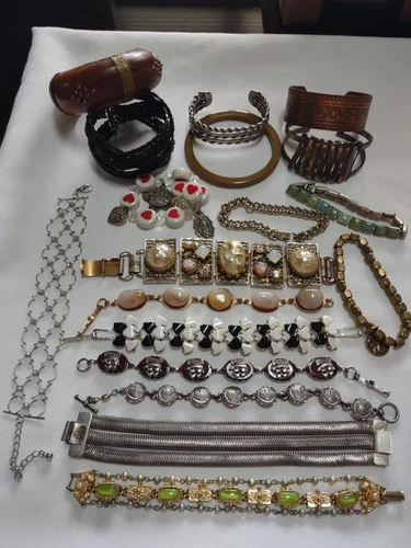 Vintage Costume Jewelry Bracelet Lot of `18 Copper, Wood, Glass, Etc.