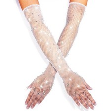 Mesh Rhinestone Long Gloves Sparkly Costume Gloves for Women White-2