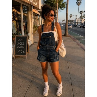 Janina Denim Overalls Shorts Womens 42 Dark Blue Excellent Distressed Shortalls