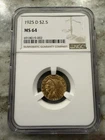 1925-D MS64 $2.50 Indian Head Quarter Eagle NGC Certified Gem