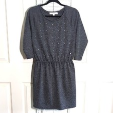 LOFT XS Gray Sweater Dress Pearl & Rhinestone Embellishments 3/4 Sleeve A Line
