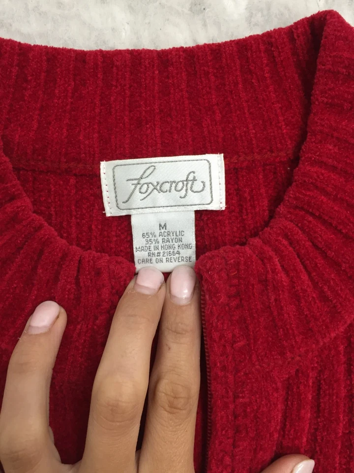 Foxcroft Sweater Vest Womens M Medium Red Full Zip V Neck Cable Textured - Image 3 of 4