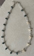 White Starfish Necklace Teal and Clear Glass Beads Assymetrical Boho Jewelry