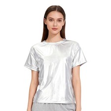 UK Women Shiny Metallic T-shirts Short Sleeve Dance Tops Jazz Hip Hop Dancewear