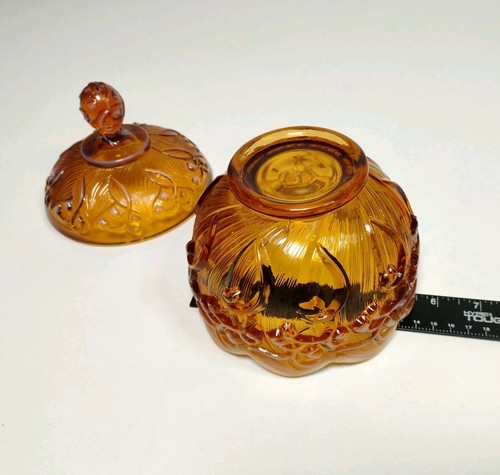 Fenton Glass Cameo Amber Opalescent Glass LILY OF THE VALLEY Covered Candy Dish - Picture 9 of 10
