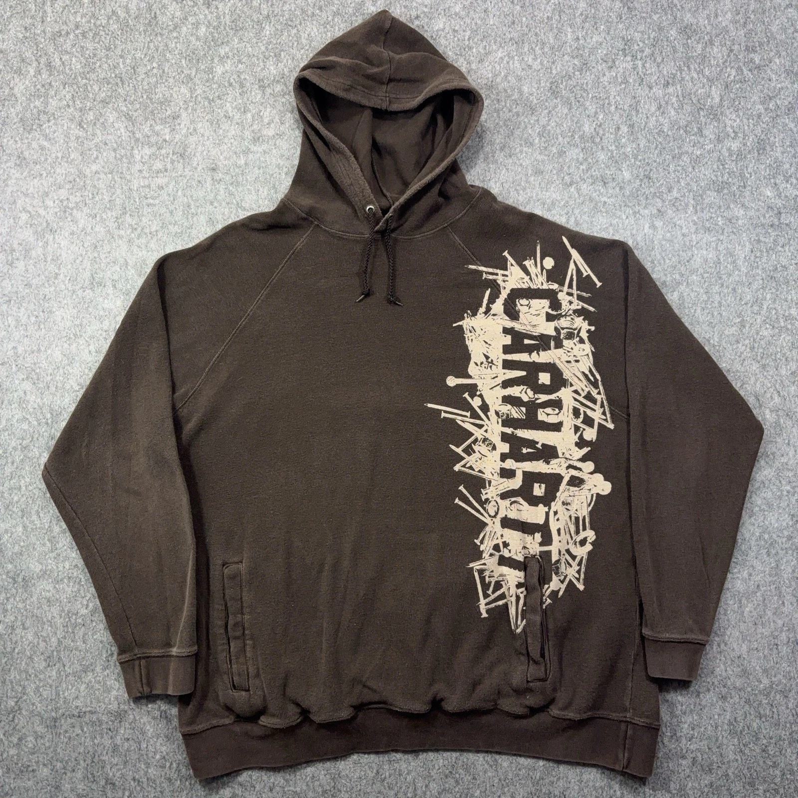 Carhartt Hoodie Mens 2XL Brown Thermal Waffle Pullover Y2K Grunge Nuts & Bolts