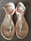 Barbara Barbieri Sz 7 T-Strap Flat Sandals Crackle Gold Tan Leather Strap Buckle — photo 1