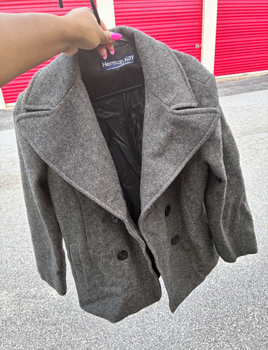 Herman Kay Women's Gray Pea Coat Size M Button Pockets Lined Collared Short