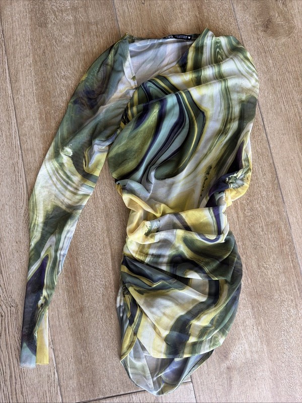 Zara Green Marble Mesh One Sleeve Ruched Top S