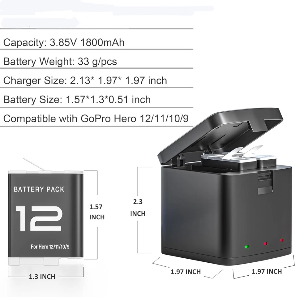Paquete de 3 baterías y cargadores Hero 12 para cámara Gopro Hero 12 11 10 9 negra Foto 2 de 4