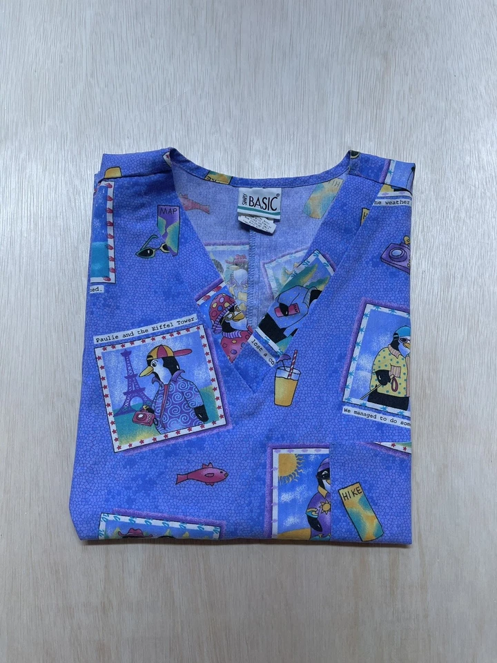 Simply Basic Blue Penguins Leaves Small Scrub Top - Image 2 of 4