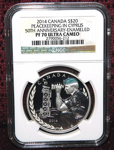 2014 CANADA $20 PEACEKEEPING IN CYPRUS ENAMELED SILVER - NGC PF 70 ULTRA CAMEO