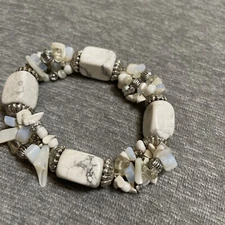 Boho stretch bracelet Abalone Shell White Grey Marble quartz stone bead Silver