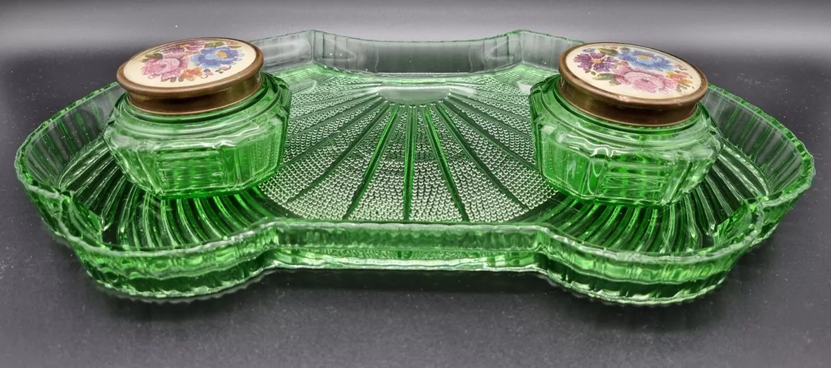 Green glass online dressing table set