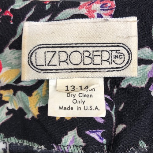 Vestido Floral Negro Modesto Años 80 Liz Roberts 13/14 EE. UU. Abotonado Cinturón - Imagen 13 de 23