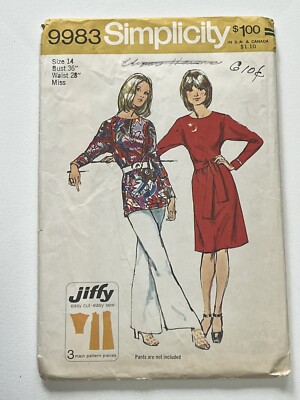 Collarless Dress or Tunic Size 14 B36 Vintage Cut Pattern S9983 Dolman Sleeves