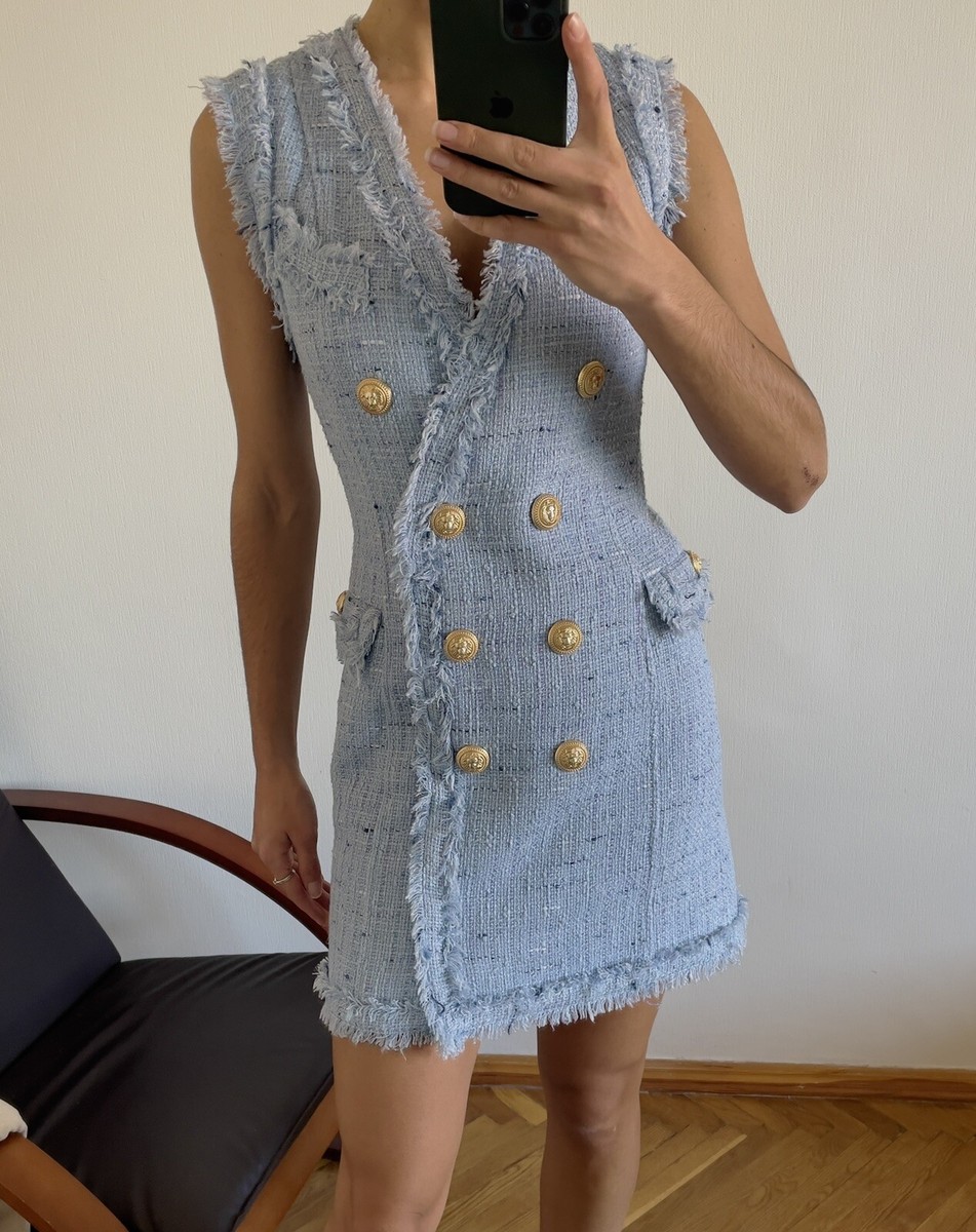 4k Gorgeous Authentic Balmain Gold Buttons Blue Tweed Mini Dress Size 36 | eBay 4k Gorgeous Authentic Balmain Gold Buttons Blue Tweed Mini Dress Size 36 | eBay