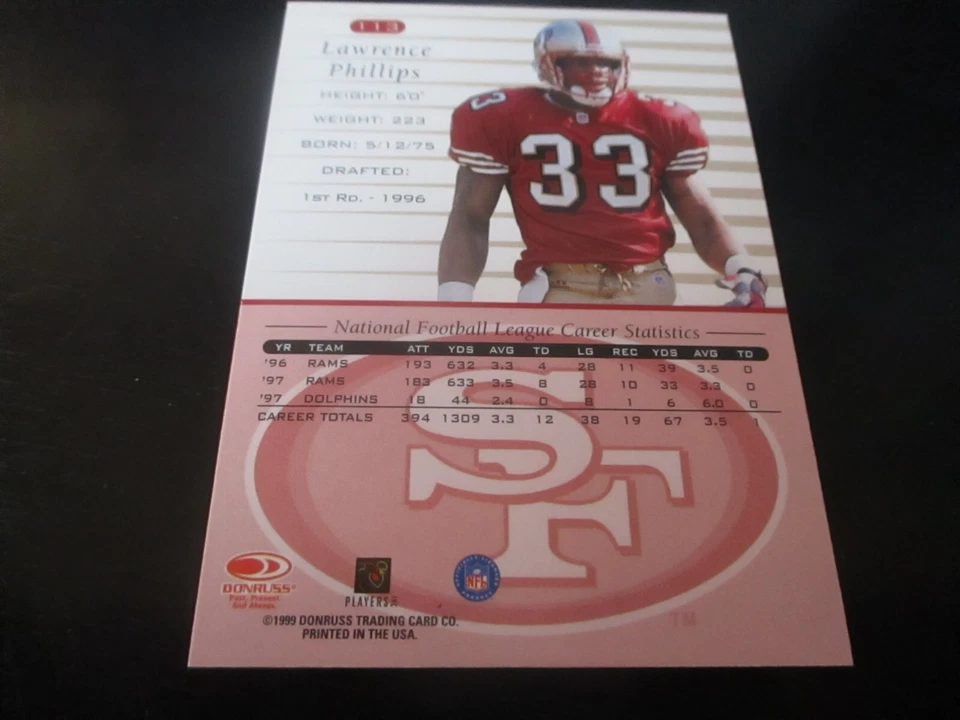 lawrence phillips (san francisco 49ers - rb) 1999 donruss CARD #113 nr/mint - Image 2 of 2