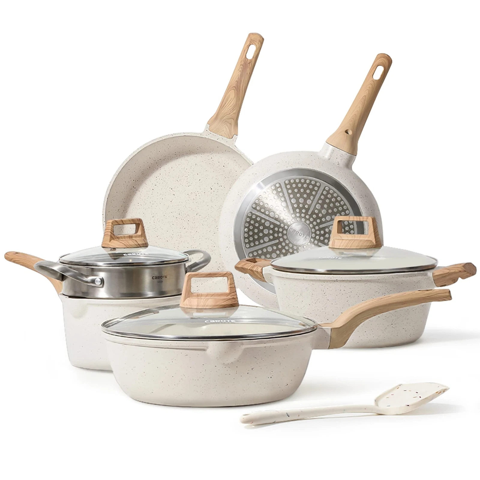 CAROTE Pots and Pans Set Nonstick, White Granite Induction Kitchen Cookware Sets