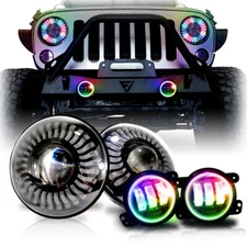 7" RGB LED Headlights Demon Chasing DRL Combo Kit 4" Fog Lights for Jeep JK JKU