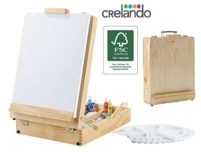 Crelando Koffer-Tischstaffelei 2Leinwände Malkoffer Holz-Staffelei 52-teilig NEU