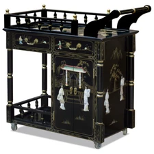 US Seller - Black Lacquer Mother of Pearl Chinese Tea Cart