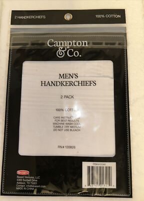 ③ Campton & Co. Mens Handkerchiefs Pkg. Of 2 Cotton White Square NEW