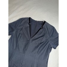 Tahari Sheath Dress Womens 14 Navy Blue Velvet Trim Notched V-Neck Short Sleeve