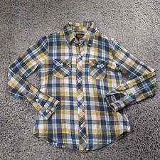 Civilianaire Shirt Men Small Blue Yellow Button Up Flannel Workwear Made in USA
