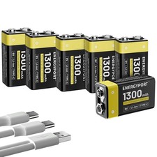 6Pcs 9 Volt Lithium Ion Rechargeable Batteries 9V 1300mAh USB-C Type Cable