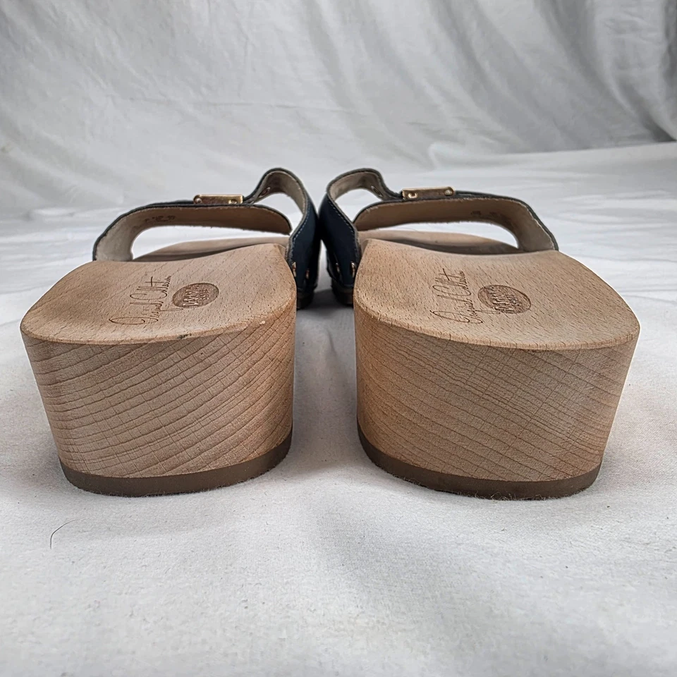 DR SCHOLL'S ORIGINAL EXERCISE WOODEN SANDALS Blue LEATHER CLOGS SLIP ON SHOEs 10 - Image 4 of 4