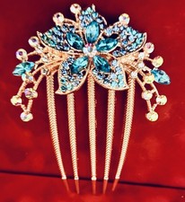 Vintage-Style Aquamarine Blue Rhinestones Floral Hair Comb with Sachet, HTF New