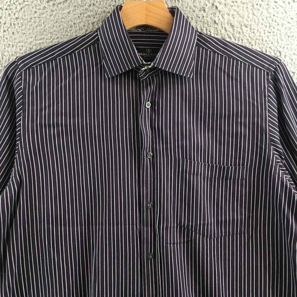 Bugatchi Uomo кнопка вверх платье рубашка мужчин L черный фиолетовый полоски хлопок длинным рукавом - Изображение 2 из 4