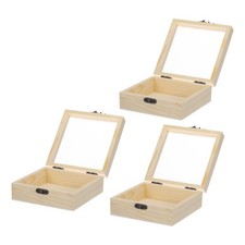 3 x Unfinished Wooden Display Box 4.7"x4.7"x2" Storage Box with Glass Lid Beige