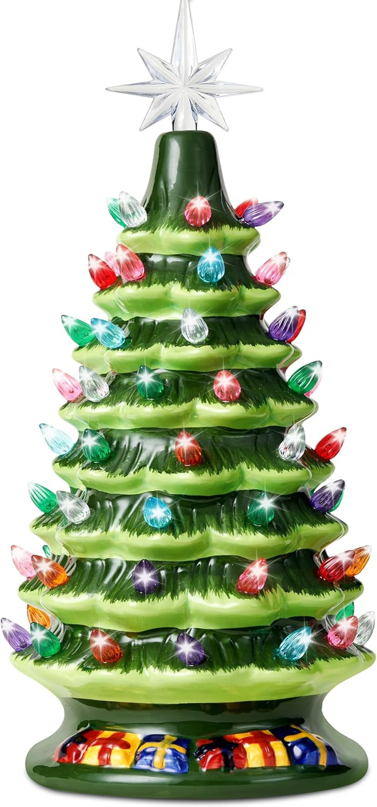 15" Tabletop Prelit Ceramic Christmas Tree with 70 Multicolor Lights, Hand-Paint