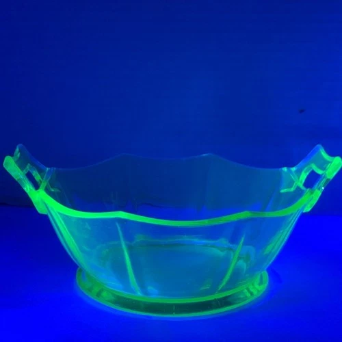Vtg 1930s Depression Uranium Glass Serving Bowl Dish w/Handles Art Deco Paneled