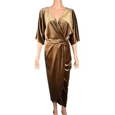 Baltic Born Velvet Wrap Dress Bronze Gold V-Neck Midi Occasion DD4769 Womens L