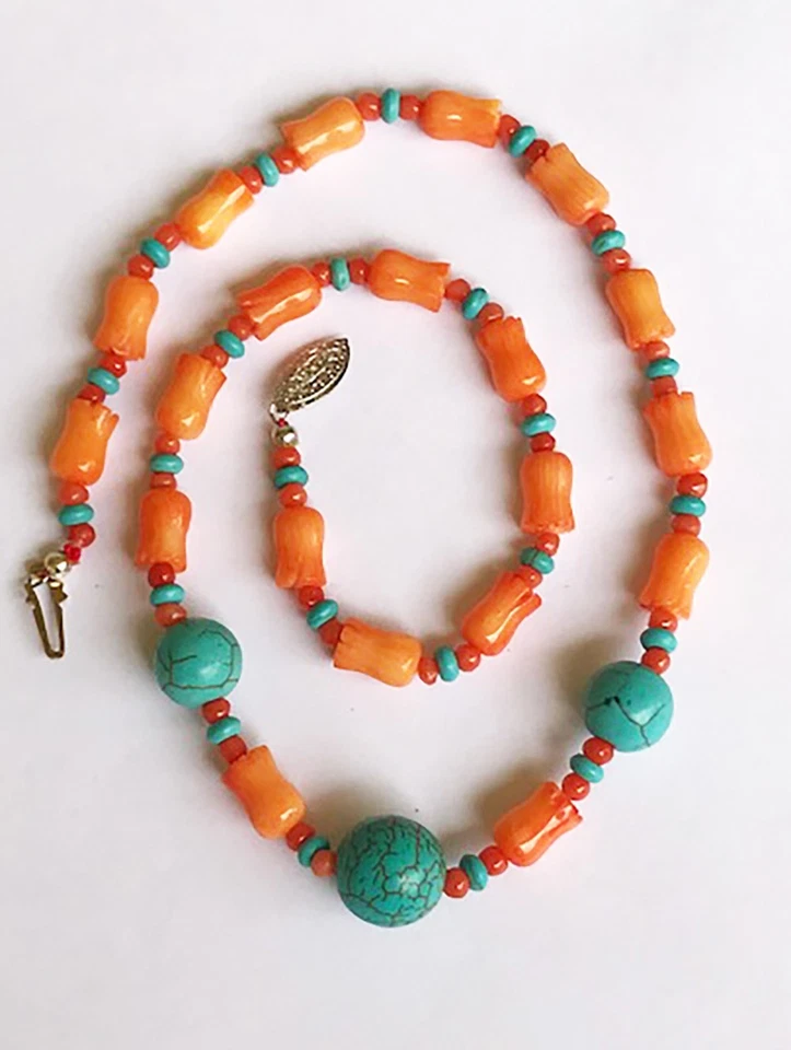 COLLAR CON CUENTAS DE PIEDRA TURQUESA Y CORAL TULIPÁN TALLADO NATURAL 925 BROCHE S Foto 2 de 4