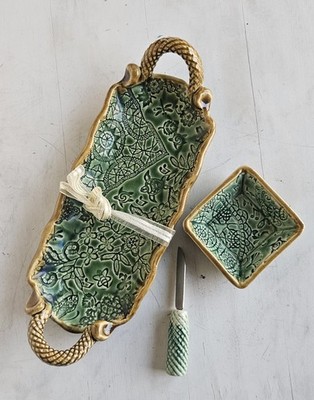 Signed Ceramic 3 Piece Appetizer Serving Dish Trays Handles Sushi Sea Turtles 